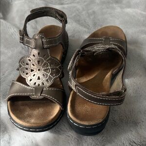 Clarks Taupe Brown Leather Floral Cutout Sandals